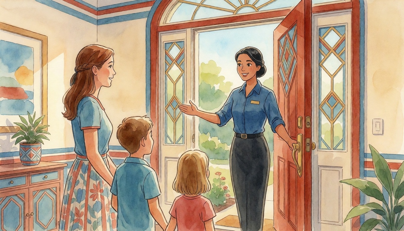 Local realtor welcoming a family to a Florida home — watercolor illustration