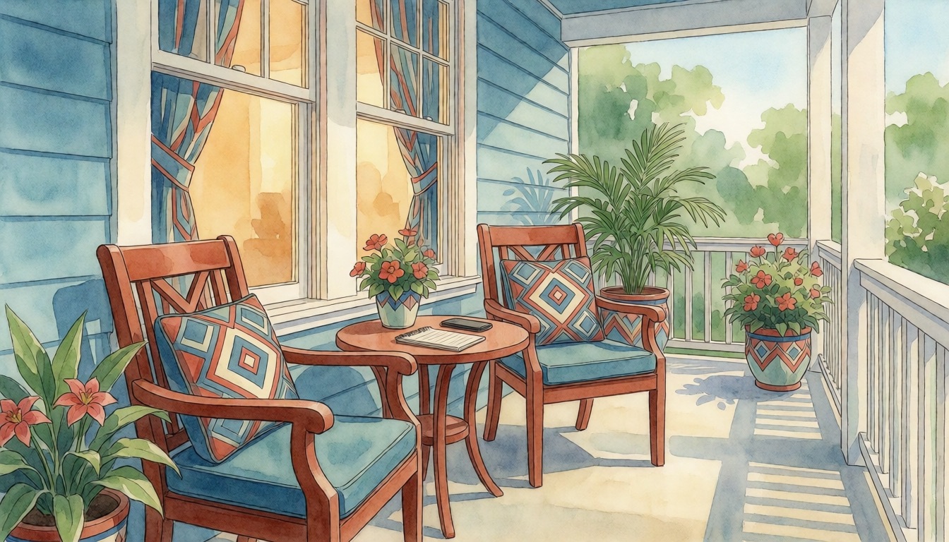 Contact Delivers Realty — Florida front porch, watercolor illustration