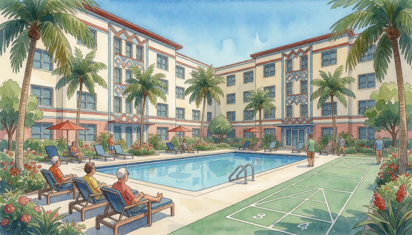Watercolor illustration — Renting in Century Village Deerfield Beach: 55+ Rules & Approval