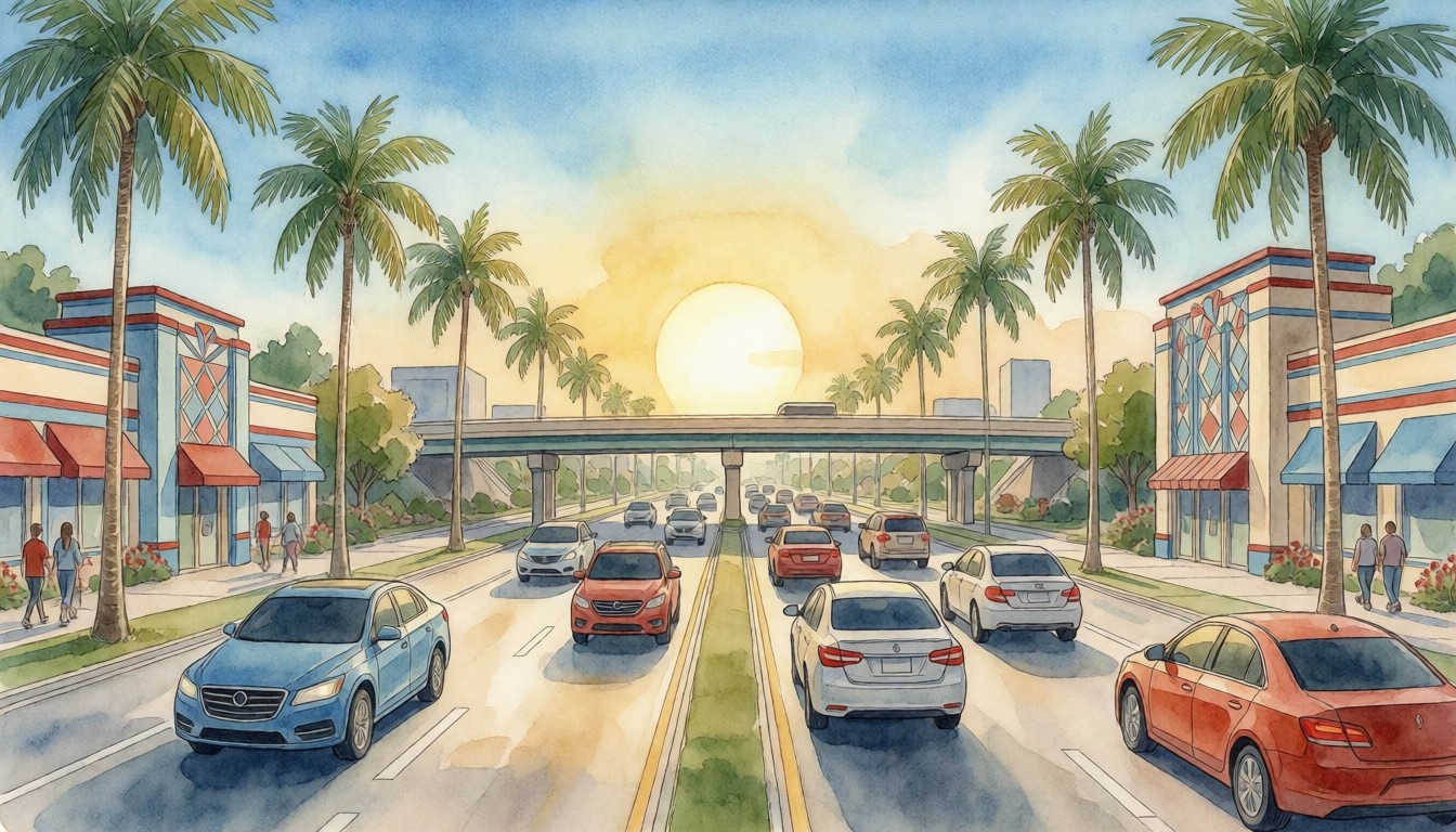 Commuting from Coral Springs: Miami, Fort Lauderdale, Boca — watercolor illustration